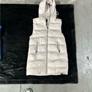 Hooded Long Puffer Vest - Light Beige